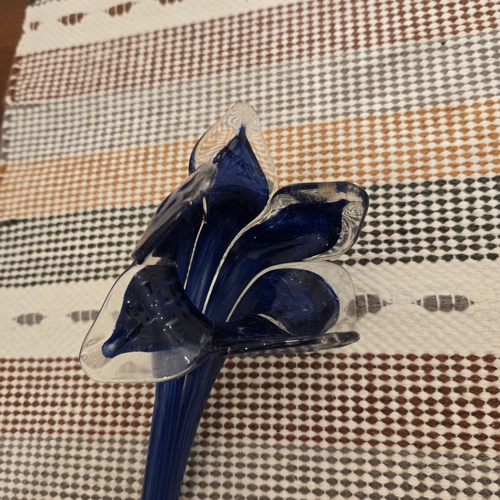 Elegant Blue Glass Flower Sculpture Blown Glass, 5" X 22"